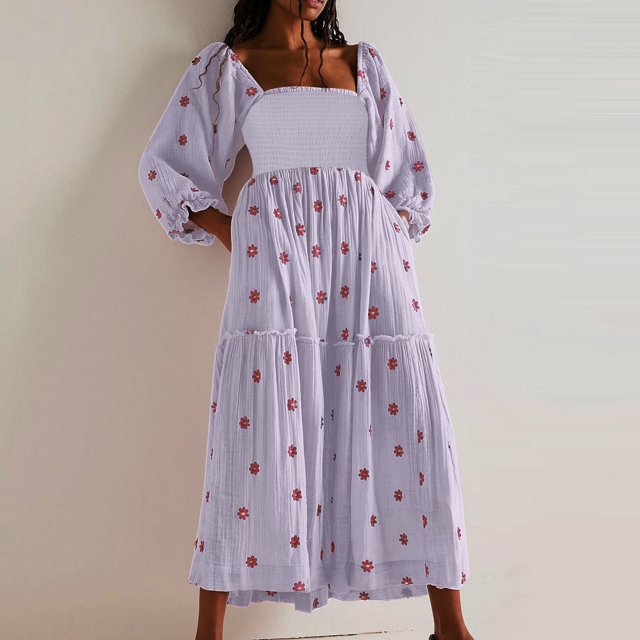 EGNMCR Robes d'Été Femmes Tendance 2024 Femmes Décontractées et Confortables Haut-Parleur Manches 3/4 Robe Imprimée Grande