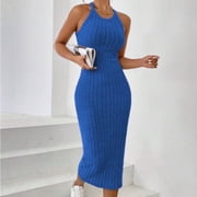 TaTaai Women's Ribbed Halter Neck Midi Dress Sleeveless Round Neck Fitted Bodycon Solid Knee Length for Summer Beach Party Daily Casual Wear Soft Stretchy Gift