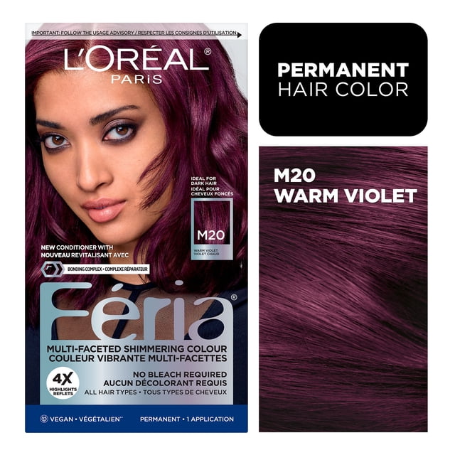L'Oréal Paris Feria permanent hair dye in M20 Warm Violet shade featuring multi-faceted shimmering violet color ideal for dark hair, with bonding complex conditioner, vegan formula, and no bleach required for vibrant, permanent hair color.