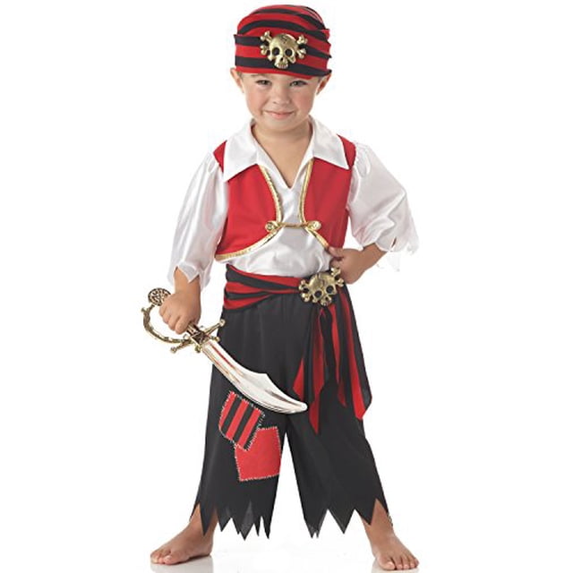 Ahoy Matey Pirate Costume d'Halloween pour Tout-Petits de 3 à 4 Ans, Comprenant une Chemise Blanche avec un Gilet Rouge Attaché, un Pantalon Noir avec des Écussons Imprimés, un bandana Rayé Rouge et Noir avec des Pinces pour Crâne, et un Ceinture de Taille Assortie avec des accents de Crâne. Parfait pour les Déguisements d'Halloween Ou les Fêtes à Thème.