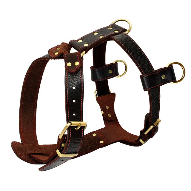 Genuine Leather Dog Harness - Adjustable Chest for XL Dogs - Brown