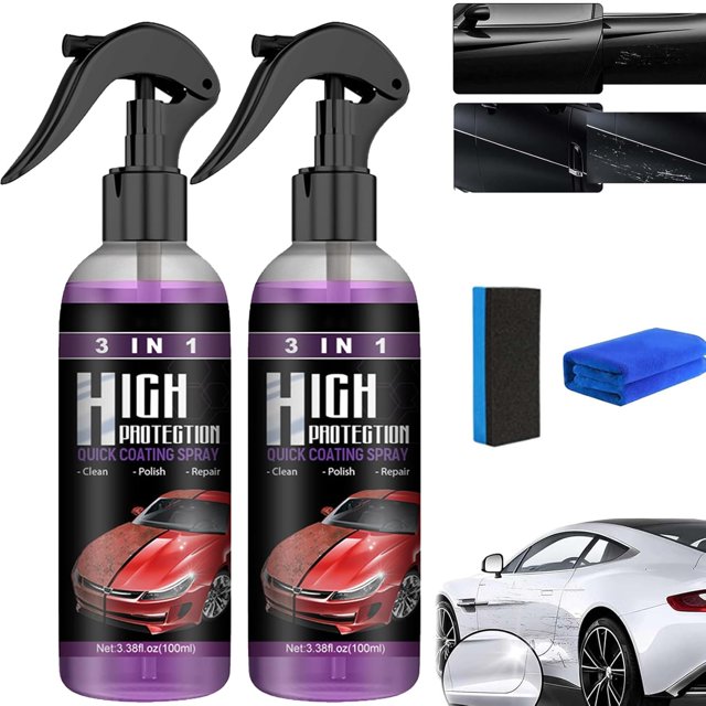 Turbo Shine Nexa 3 in 1 High Protection Quick Car Coating Spray, displayed as a set of two 100ml bottles with spray nozzles. The product cleans, polishes, and repairs car surfaces, including scratch removal and paint restoration. Accessories include a blue microfiber towel and a black-and-blue sponge for application. The image demonstrates its use on scratches and faded paint, with a white car as an example.