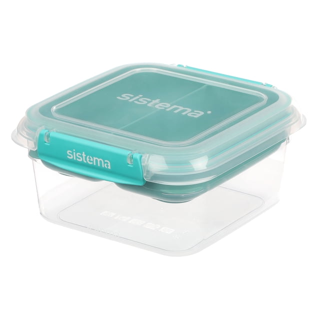 Sistema To Go Stax leakproof food storage container, 1.15 L, with a clear base and teal airtight lid featuring easy-locking clips, stackable design, BPA-free plastic, ideal for meal prep and separating snacks or salads.