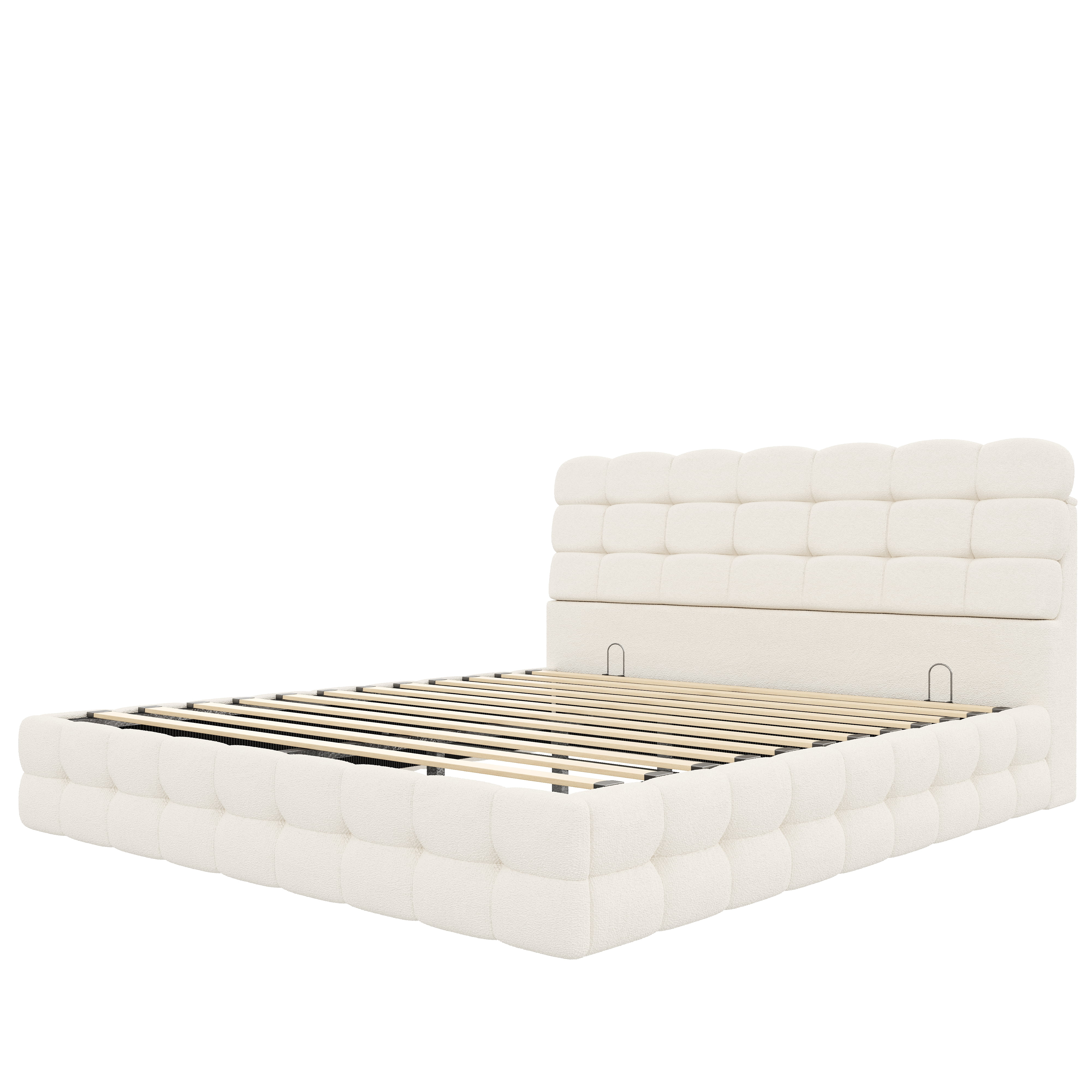 Noble House Cadre de Lit Grand avec Rangement avec Levage et Rangement Hydraulique, Lit Plateforme en Bouclé avec Tête de Lit Capitonnée et Lattes de Bois, Blanc Crème