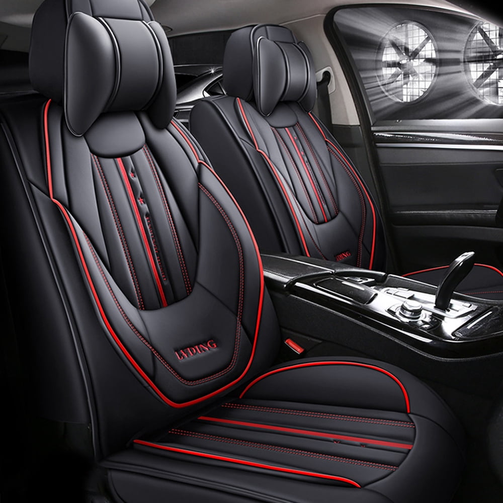 Maidao Car Seat Covers Leather Set for Nissan for Rogue/X-Trail 2007-Present 5 Seats Compatible Airbag Water Resistant Front Rear Cushion Protector with Pillow and Headrest Black