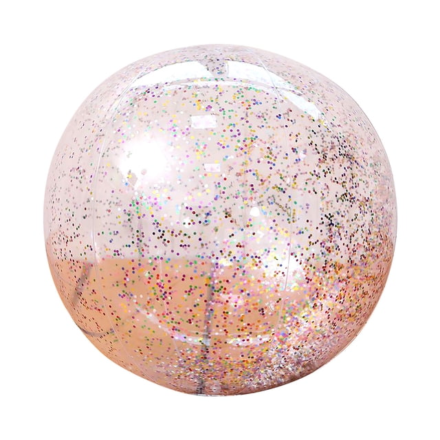 Leutsin Inflatable Beach Balls Pool Ball Decoration Summer Water Games Gifts 16IN. A transparent inflatable beach ball with multicolored glitter inside, made of sturdy PVC material. Suitable for beach, pool, and summer parties, offering safe and fun play for children and adults. Measures 16 inches in diameter.