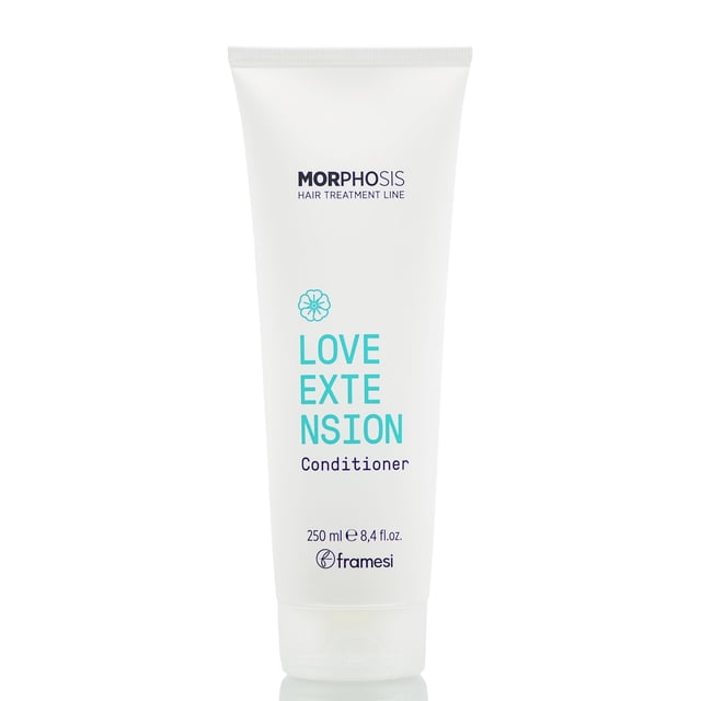 Framesi Morphosis Revitalisant d'Extension Love en tube de 8,4 oz (250 ml). l'Emballage Blanc Présente un Texte Bleu Sarcelle et Bleu Marine, Incluant le Nom du Produit et le logo de la Marque. Conçu pour Maintenir la Longévité et l'Éclat des extensions de Cheveux, Il Convient aux extensions Synthétiques et Naturelles.