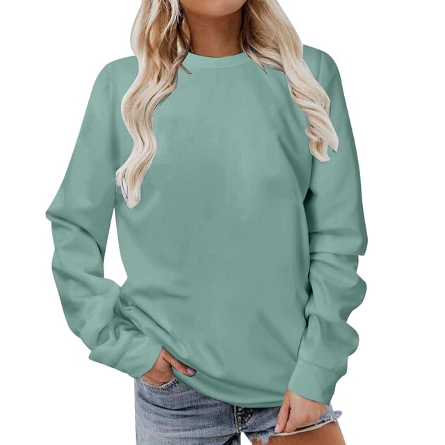 Yuyuzo Chandails d'Automne pour Femmes à Col Rond, Manches Longues, Couleur Unie, Chandail à Enfiler, T-Shirts Coupe Ample. un Chandail Décontracté à Manches Longues de Couleur Unie avec Effet Sarcelle, Comprenant un Col Rond et une Coupe Décontractée. Style avec des shorts en denim, Convient à la Mode d'Automne et aux Sorties Décontractées.