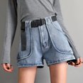 thumbnail image 2 of adviicd Womens Running Shorts Haut Lin Mélangé Taille Tirez sur Short d'Été pour les Femmes Poches à la Mode Bleu, M, 2 of 5
