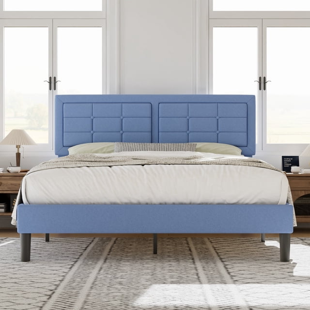 VECELO Queen Size Upholstered Bed Frame, Modern Platform Bed Frame with Adjustable Button Tufted Headboard for Bedroom, No Box Spring Needed, Easy Assembly, Light Blue
