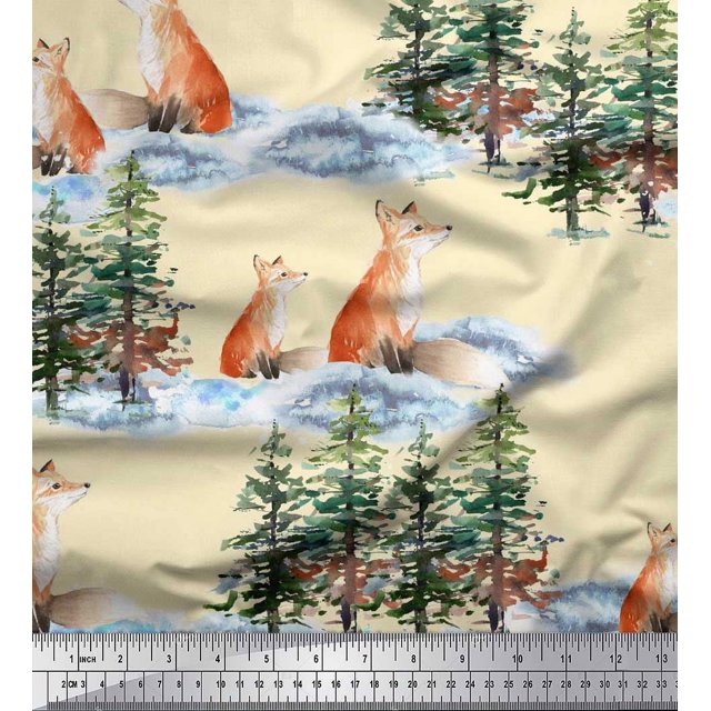 Soimoi Yellow Moss Georgette Fabric Fox & Pine Tree Decor Fabric Printed Yard 42 Inch Wide