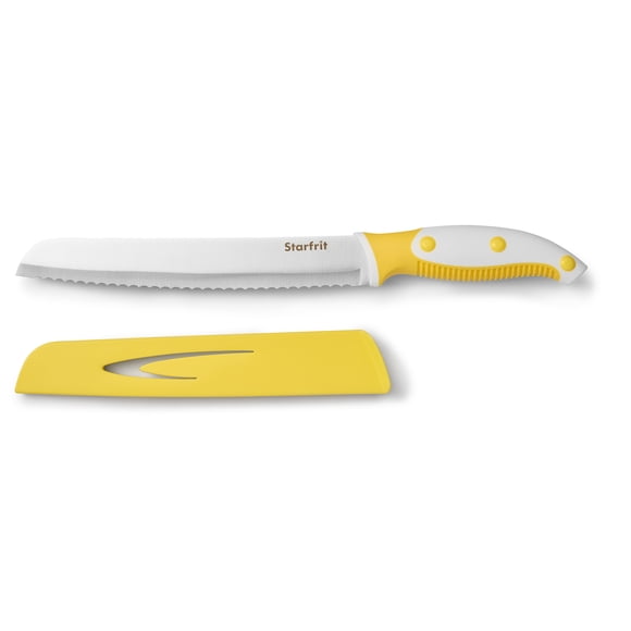 Starfrit Couteau à pain de 20,3cm (8") – Lame dentelée efficace avec couvercle de protection – Revêtement anti-adhésif – Jaune et blanc