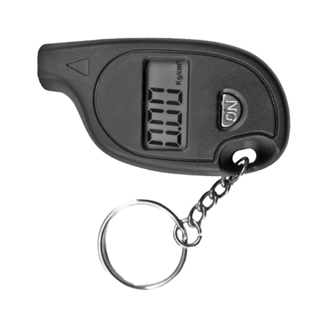 Tire Pressure Gauge, Mini Car Pressure Gauge with a digital display, made of black ABS material. Features a compact keychain design, measuring 6 x 3.3 x 1.5 cm, with a pressure range of 2-150 PSI and four pressure options: PSI, KPA, BAR, KG/CM2. Includes an LCD screen for easy nighttime reading, suitable for tire pressure monitoring and automotive accessories, with a durable build.