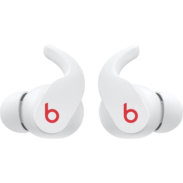 Beats Fit Pro True Wireless Earbuds in white with red Beats logo, featuring flexible secure-fit wing tips and silicone ear tips, designed for noise cancelling and spatial audio, shown front-facing on a white background.