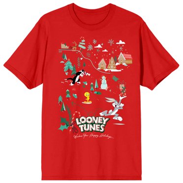 Looney Tunes Winter Land Scene Women's Red Graphic Tee-XL