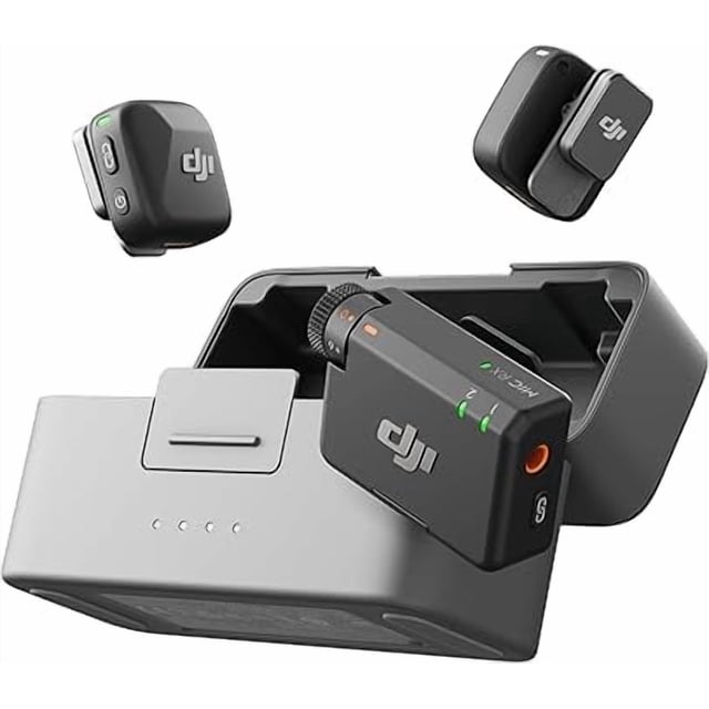 DJI Mic Mini (2 TX + 1 RX + Charging Case) wireless microphone system with two compact black transmitters and one receiver, all featuring DJI logos, shown with a grey charging case with LED indicators, designed for stable high-quality audio transmission and extended battery life in camera audio accessories.