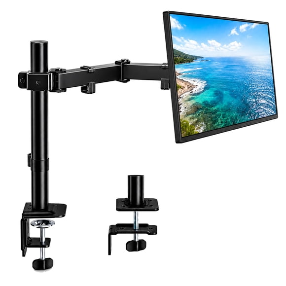 monTEK Single Long Monitor Mount for 17-32 inches Screen, Fully Adjustable Articulating Desk Monitor Stand up to 22lbs Capacity, Computer Mount with C Clamp and Grommet B