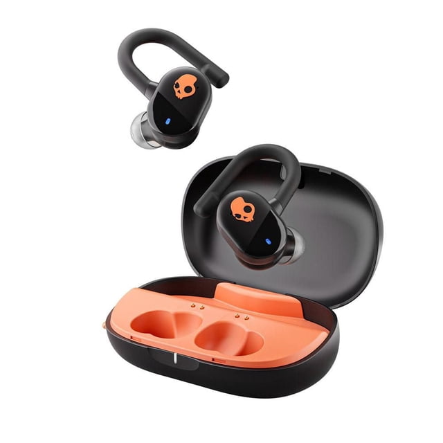 Skullcandy Push Play True Wireless Earbuds Black-Orange with flexible over-ear hooks and ergonomic in-ear gels in three sizes, shown with open black and orange charging case, featuring IP55 sweat, dust, and water resistance and Bluetooth v5.3 with Google Fast Pair for seamless connectivity, suitable for active use and outdoor sports.