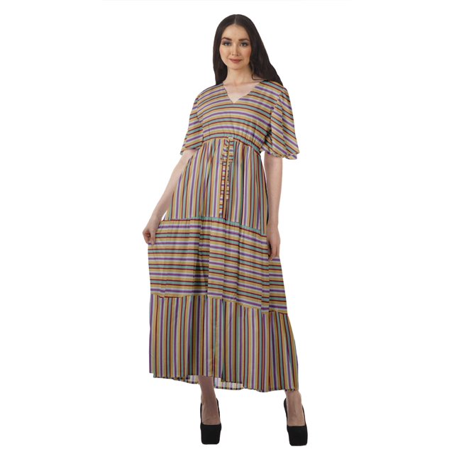 Moomaya Robes d'Été Imprimées à Manches Courtes pour Femmes, Tenue de Fête Décontractée