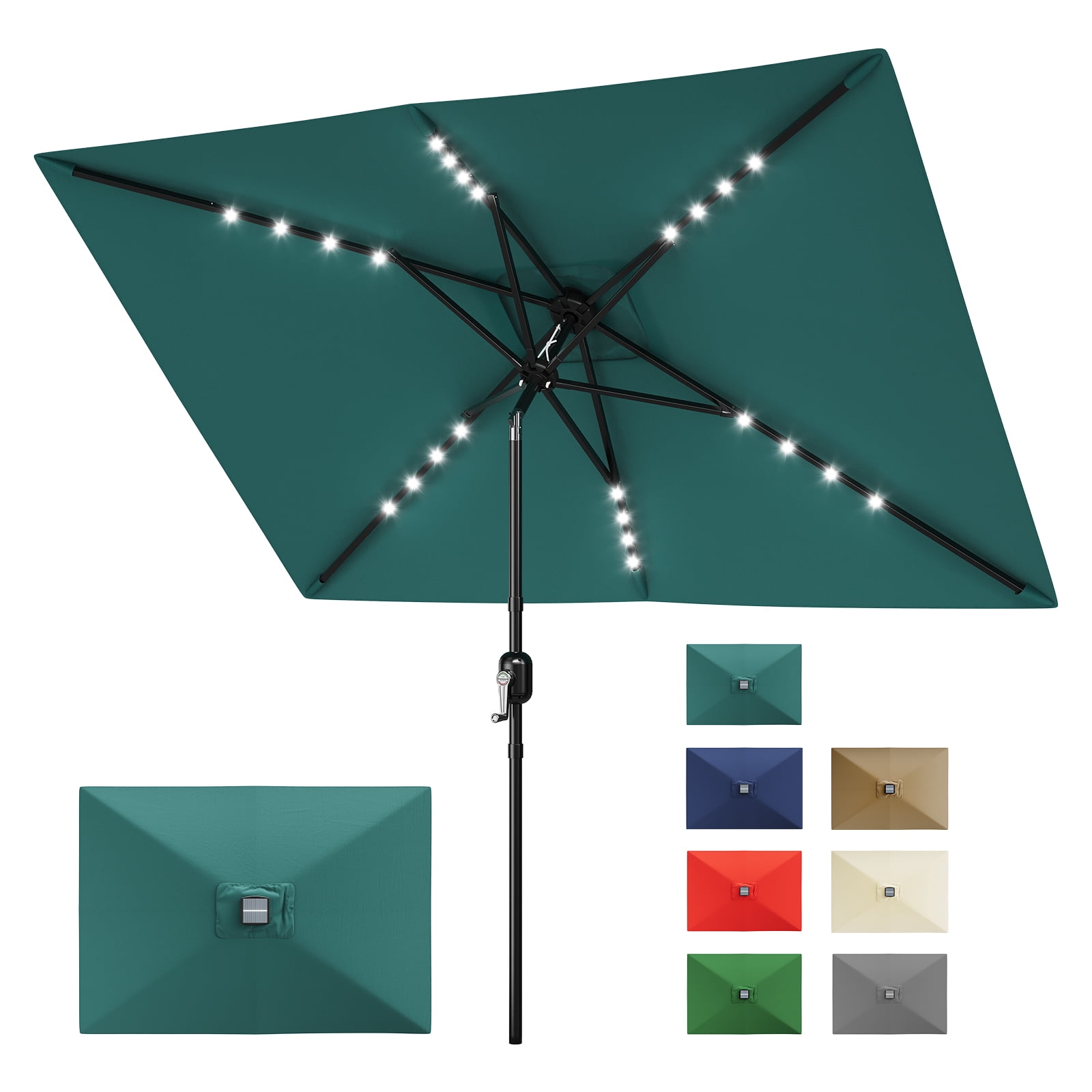 Solar Rectangular Patio Umbrella 10×6.5 ft with LED Lights, UV Protection, Fade Resistant, Crank Lift and Push Button Tilt, Vented Canopy for Outdoor Patio Garden Deck Pool, Beige Gray Turquoise Blue