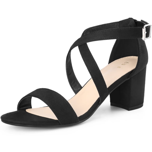 BLISSFUL STEP Women's Solid Color Open Toe Cross Strap Mid Chunky Heel Sandals