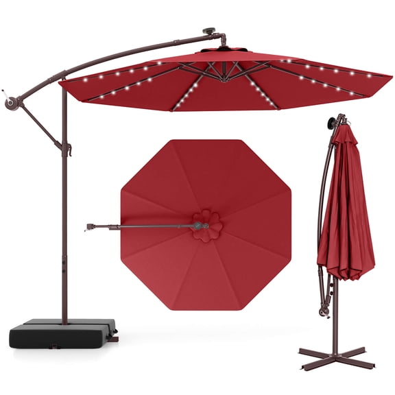 Costway Parasol Suspendu Déporté de Patio 10 Pieds 32 Lumières DEL Sac de Sable Extérieur Base Croisée Bordeaux