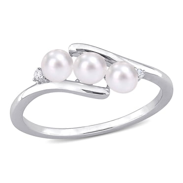 Miabella Freshwater Cultured Pearl and Diamond Accent Sterling Silver 3-Stone Bypass Ring