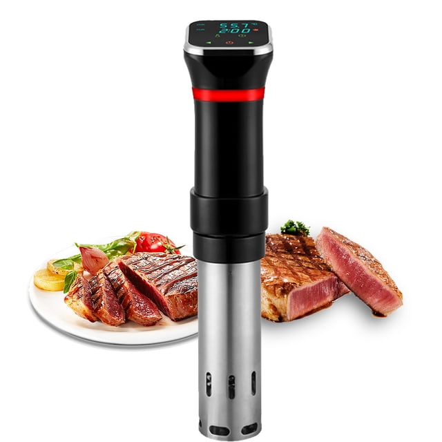 Sous Vide Machine Immersion Circulators 1100W Ultra Quiet Stainless Steel with a sleek black and stainless steel design, featuring an LCD touchscreen for precision cooking and low-temperature cooking. Positioned in front of a plate of perfectly cooked steak and vegetables, ideal for sous vide and vacuum cooking applications.