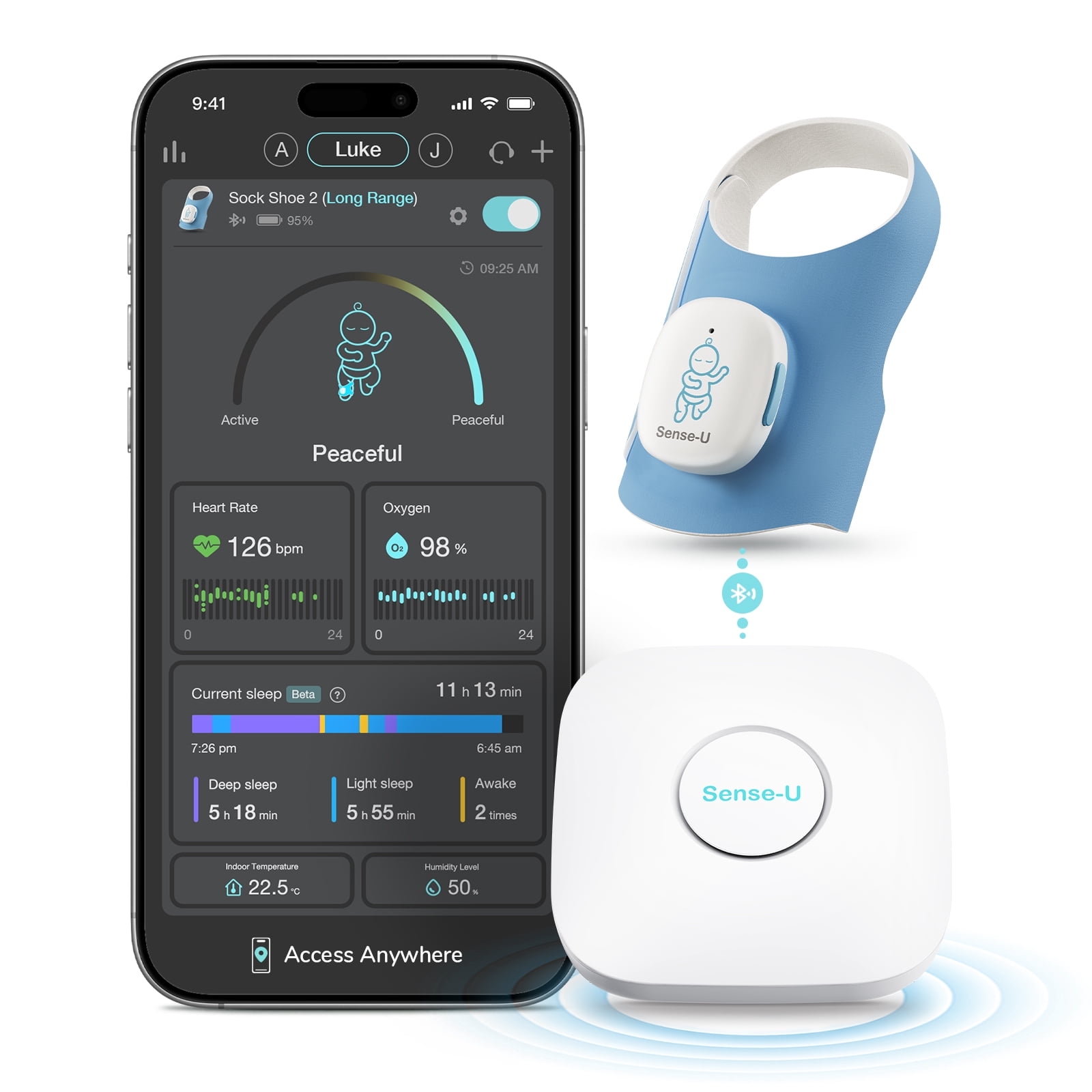 Sense-U Baby Smart Sock Shoe Baby Monitor 2, Track Sleep Patterns, Heart Rate, Movement for Peace of Mind, Infant Foot Monitor for Better Sleep