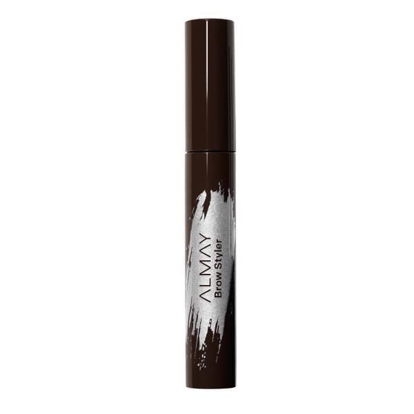 Almay Brow Styler eyebrow mascara in a slim dark brown tube with silver brushstroke design and black text, featuring a Slimmy Brush to shape, groom, and fill brows naturally for fuller, defined eyebrows with a hypoallergenic, fragrance-free formula.