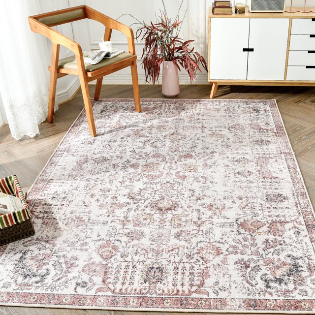 RUGKING Vintage Floral Area Rug 4x6 Red Multi Flodable Floral Print Distressed Non Slip Indoor Rug for Living Room Bathroom Kitchen Bedroom