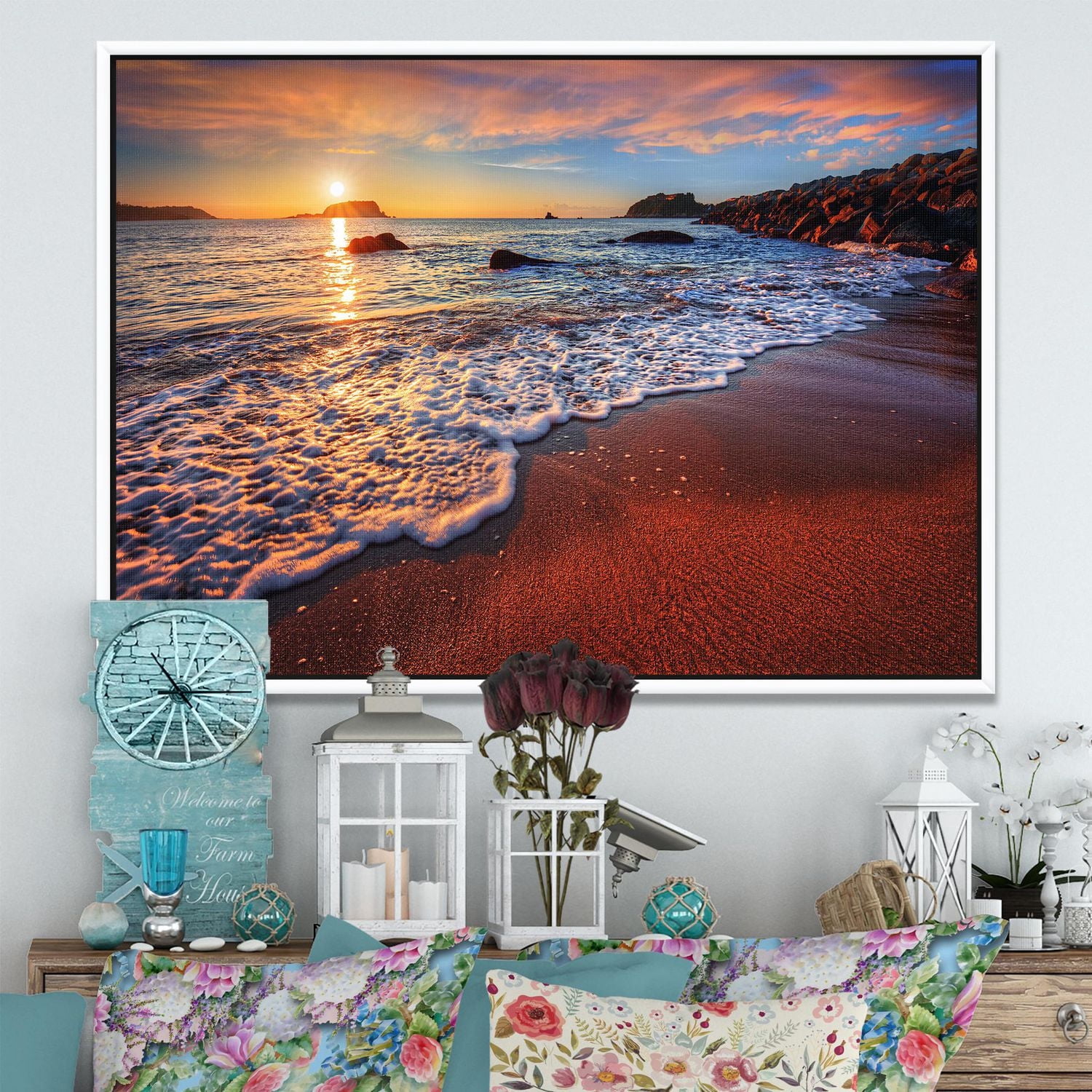 Designart Superbe plage de l'océan au coucher du soleil ART MURAL À CADRE FLOTTÉ