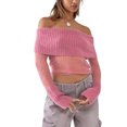 thumbnail image 1 of Fortune Women Off Shoulder Sweater Mesh Knit Cropped Pullover Solid Color Long Sleeve Slim Fit Crop Top, 1 of 7