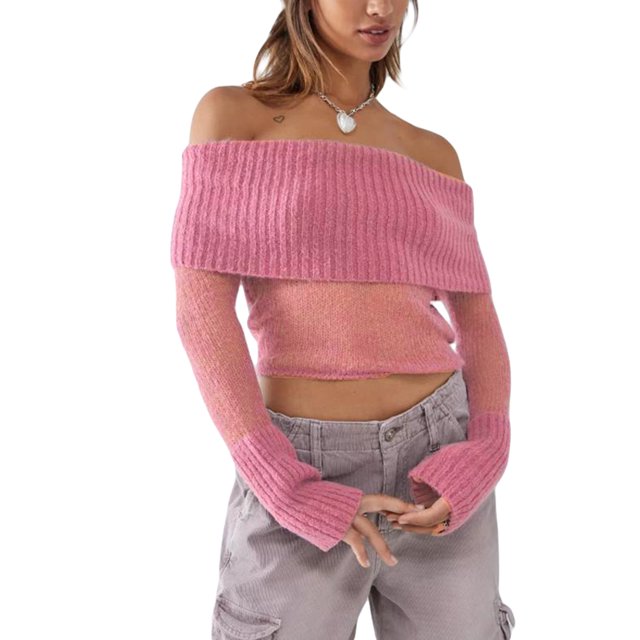 Fortune Women Off Shoulder Sweater Mesh Knit Cropped Pullover Solid Color Long Sleeve Slim Fit Crop Top