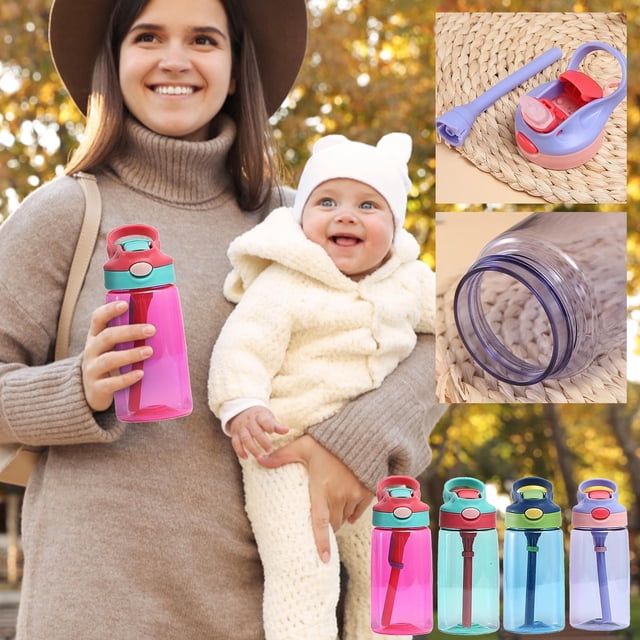 Vaidha 480ml Kids Water Bottle with straw lid and handle, shown in a vibrant pink color with a red and teal lid. The bottle features a pop-up mouthpiece for easy one-handed drinking and a 360-degree leak-proof design. Additional images display the detachable straw, the wide bottle opening, and other available colors including green, blue, and purple. A woman is holding the bottle outdoors, highlighting its portability and suitability for school, sports, or travel.