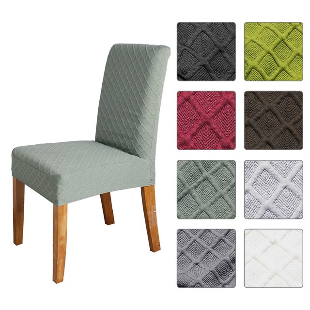 1pcs Stretch Solid Diamond Lattice Dining Chair Cover Slipcover in deep green, featuring a textured diamond pattern and crafted from stretchy, soft fabric. Designed with an elastic band at the hem for a secure fit, suitable for chair back heights of 45-60cm and seat dimensions of 40-50cm. Acts as a chair protector against scratches and stains. Includes multiple color options displayed alongside the chair, such as black, red, gray, and white.