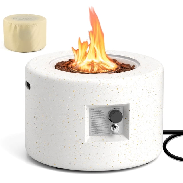 Costway 25.5" Round Terrazzo Propane Gas Fire Pit with Stainless Steel Burner & Lava Rocks. This white terrazzo fire pit features a round design with a stainless steel burner surrounded by decorative lava rocks. It delivers a 40,000 BTU heat output and includes a control panel for easy ignition and flame adjustment. The fire pit comes with a protective PVC cover and a 10 ft gas hose, suitable for a 20 lbs propane gas tank (not included). Ideal for outdoor gatherings, it combines durability and elegance.