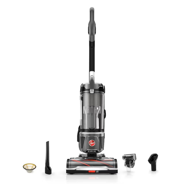 Hoover WindTunnel Tangle Guard Upright Vacuum Cleaner front-facing upright vacuum with black and red housing, clear XL dirt cup, brush-roll housing with Tangle Guard to prevent hair wrap up to 16 inches, stowed extension wand and swivel-steer base, included LED crevice tool, 2-in-1 upholstery/dusting tool and Turbo Tool, HEPA media filter in specs.