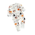 thumbnail image 2 of Faithtur Halloween Jumpsuit Pumpkin  Letter Print Long Sleeve Zipper Romper, 2 of 7