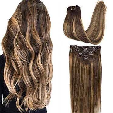 GOO GOO 7pcs 120g Hair Extensions Clip in Human Hair Remy Ombre Chocolate Brown to Caramel Blonde Balayage Clip in Human Hair Extensions Natural Hair Extensions Straight Real Hair Extensions 20 i