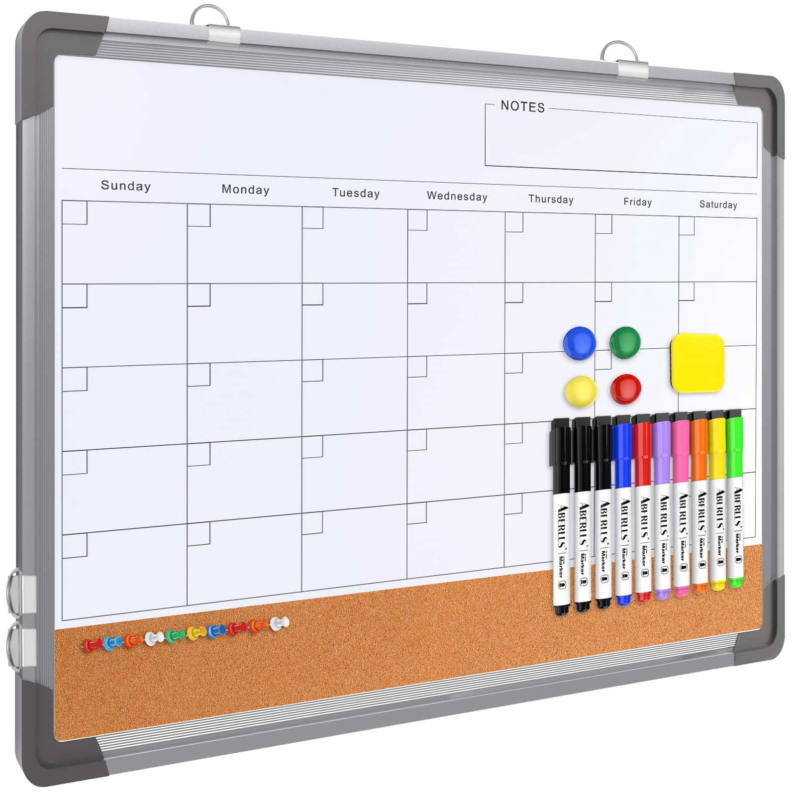 Monthly Calendar Whiteboard Dry Erase Cork Board Combination for Wall, 24"x18" Magnetic Dry Erase Board, Double-Sided White Board, Portable Board for