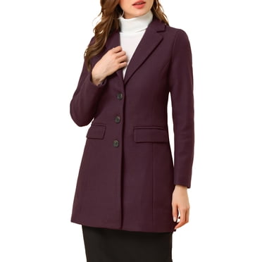 INSPIRE CHIC Women's Coats Notched Lapel Long Sleeves Single Breasted Fall Winter Peacoat L Purplish Red