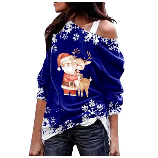 WEAIXIMIUNG Cropped Sweatshirt Zip Up Ladies' Shiny Reindeer Christmas Tree Casual Sloping Shoulder Fashion Theme Snowflake Theme Print Medium Long Top Hooded Sweatshirt