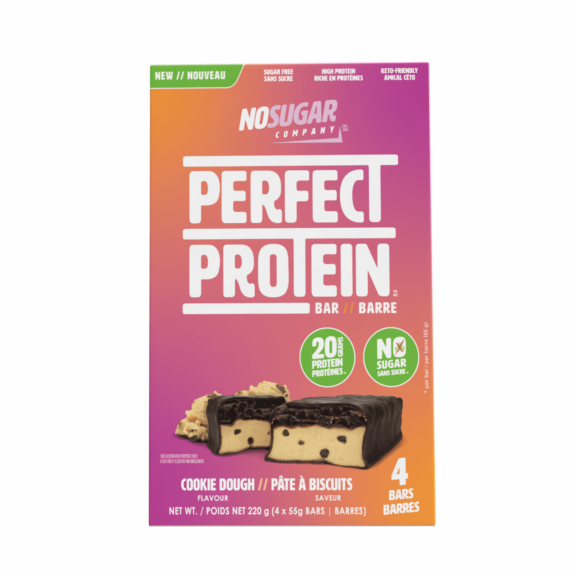 No Sugar, Perfect Protein Cookie Dough Snack Bars, 55 g, 4 Bars