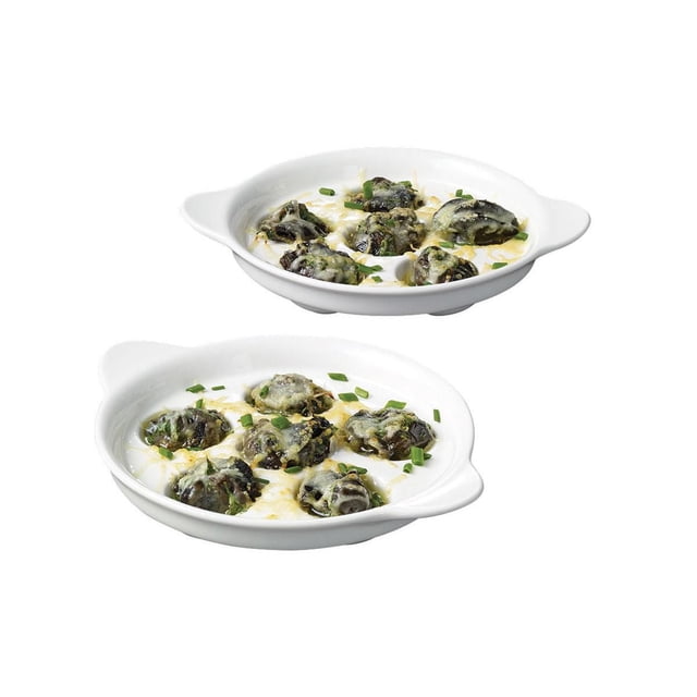 Gourmet Ensemble BISTRO de 2 Plats d'Escargots en Porcelaine Blanche avec 6 Cavités Chacun, Fourrés avec des Escargots Cuits Garnis de Fromage Fondu et de Ciboulette Hachée, Va au Four, au Micro-Ondes et au Lave-Vaisselle, Convient Aussi pour Servir des Champignons Farcis.