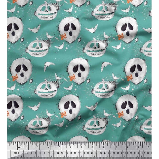 Soimoi Polyester Crepe Fabric Spider Web,Bat & Ghost Halloween Print Sewing Fabric Yard 42 Inch Wide
