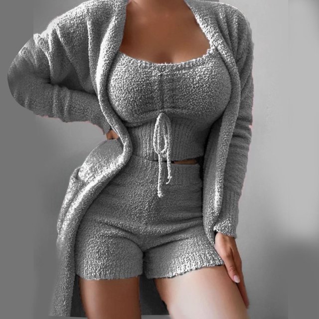 Birdeem Pyjama Mode Femme Slim Dentelle Taille Élastique Manches Longues Décontracté Trois Pièces