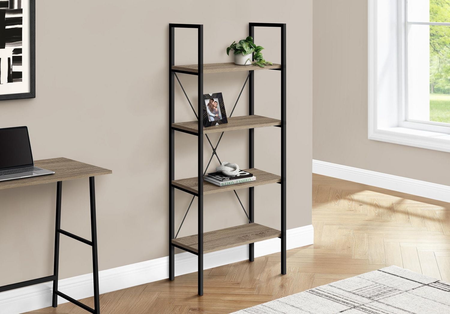 Monarch Specialties Bookshelf, Bookcase, 4 Tier, 48"h, Office, Bedroom, Metal, Laminate, Brown, Black, Contemporary, Modern