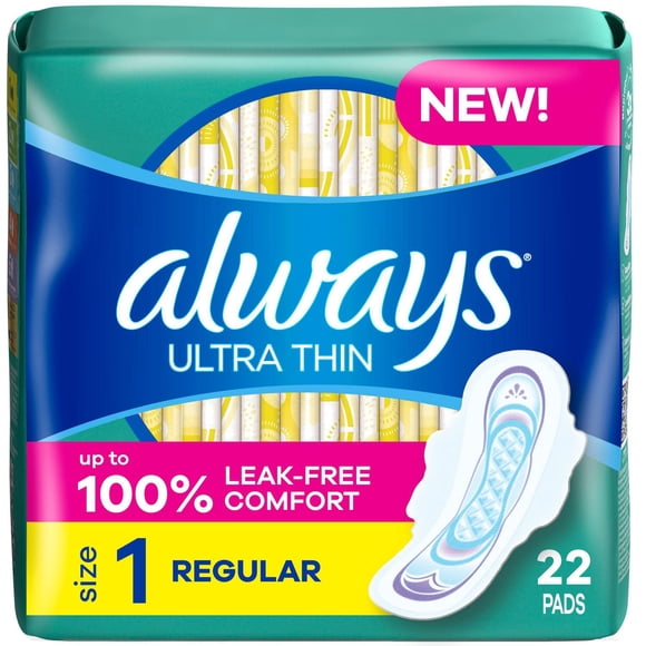 Always Ultra Thin Feminine Pads with Wings for Women, Size 1, Regular Absorbency, Unscented, 22 Count