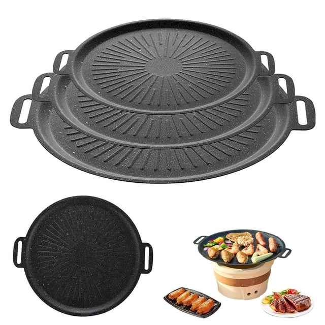 Kitecy Poêle à Griller Coréenne Poêle à Griller Antiadhésive Plaque Ronde Coréenne Bbq Poêle de Cuisinière Portable Poignée Suspendue Cuisson Extérieure Intérieure, Poêle Ronde de Plaque de Cuisson pour Cuisinière Bbq
